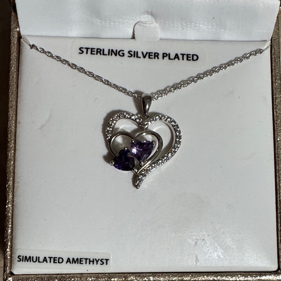 Sterling Silver Heart Necklace with Simulated Amethyst - Picture 2 of 4